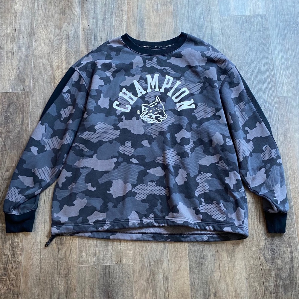 Champion Mens Gray Camo Wolf Mascot Pullover Sweatshirt 2XL S7472P AFHN